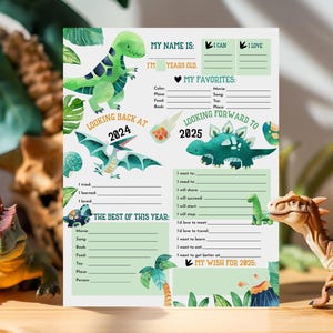 Resolución de Año Nuevo de Dinosaurios 2025 Niños Lindo Niño Dinosaurio T-rex Reflexión de Año Nuevo Imprimible Descargar Actividades Digitales Res3