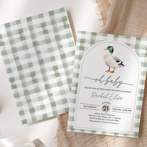 Mallard Duck Baby Shower Invitation: Green Plaid, Editable Bab329