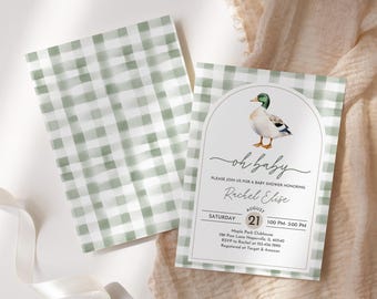 Uitnodiging voor een babyshower met wilde eend: groen geruit, bewerkbaar Bab329