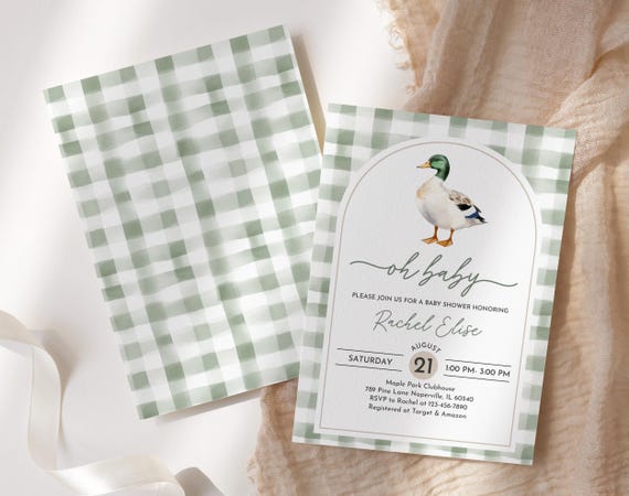 Mallard Duck Baby Shower Invitation: Green Plaid, Editable Bab329
