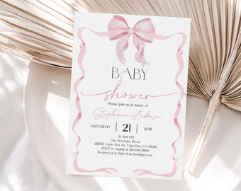 Baby Shower Invitation: Pink Bow, Soft Ribbon - Editable Digital Bab334