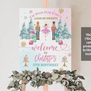 Nutcracker Birthday welcome sign Land of Sweets Party Sign Girl Sugar Plum Fairy Pink Christmas Decor Editable Download Printable Chbir5