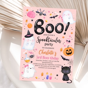 ハロウィン ピンク ゴースト 誕生日招待状 ヘイ ブー ゴースト パーティー 不気味なハロウィン パーティー ガーリー キュート 編集可能 印刷可能 ダウンロード Hab2