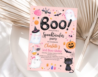 Halloween Pink Ghost Birthday Invitation Hey Boo Ghost Party Spooktacular Halloween Party Girly Cute Editable Printable Download Hab2