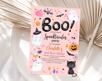 May include: Pink Halloween party invitation with a black and white ghost, a black cat, a pumpkin, and the text "Boo! Join us for a Spooktacular party to celebrate Charlotte's 3rd Boo-thday".