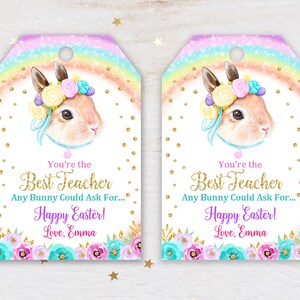 Printable Easter Gift Tag Rabbit Gift Label Teacher Favor Tag Printable Rainbow Gold Glitter Floral Tag Download EDITABLE