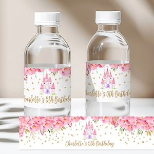 Etiqueta para botella de agua de cumpleaños de princesa Descarga EDITABLE Etiqueta para botella de agua con castillo floral de princesa Princesa rosa y dorada Prin1