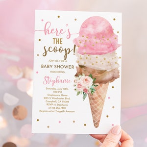 Ice Cream baby shower Invitation Pastel Girl Baby shower Invite Here's the scoop Pink Brown Summer Digital Editable Printable Download Bab92 image 1