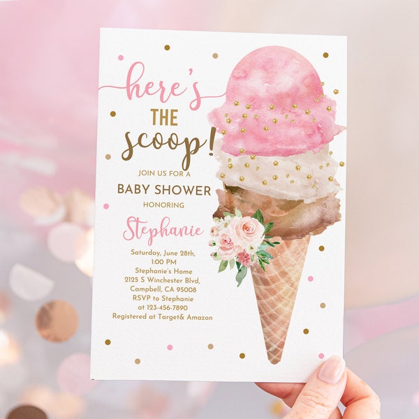 Ice Cream baby shower Invitation Pastel Girl Baby shower Invite Here's the scoop Pink Brown Summer Digital Editable Printable Download Bab92