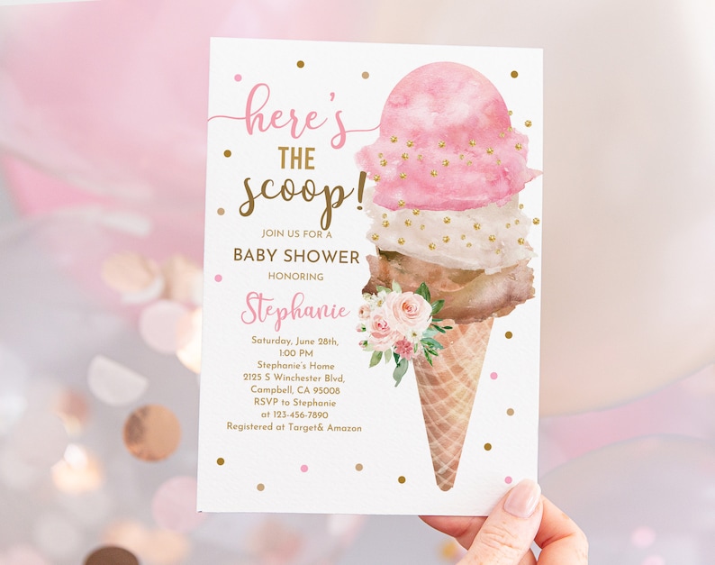 Ice Cream baby shower Invitation Pastel Girl Baby shower Invite Here's the scoop Pink Brown Summer Digital Editable Printable Download Bab92 image 1