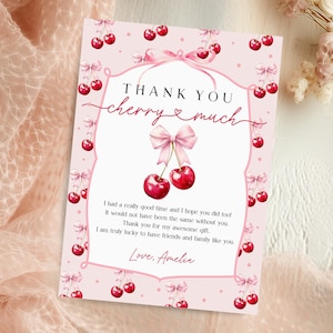 Cartão de agradecimento de aniversário de cereja editável cereja no topo aniversário agradecimento para impressão nota de agradecimento coquete laço rosa menina primeiro aniversário 488