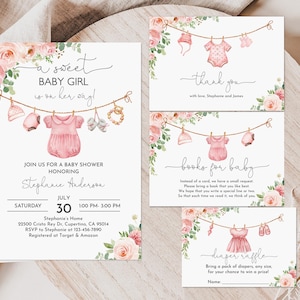 Baby Clothes Baby Shower Invitation Bundle Girl Invite Pack Editable Sweet Baby girl is on her way Laundry Pink Floral Boho Printable Bab215