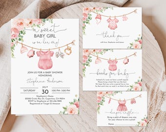 May include: A set of baby shower invitations and cards with a pink and floral theme. The main invitation reads "a sweet BABY GIRL is on her way!" and includes details for the event. Additional cards include "thank you", "books for baby", and "diaper raffle".
