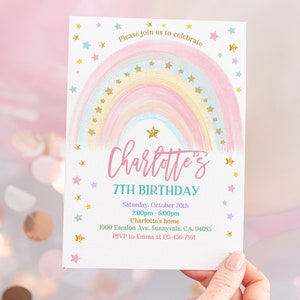 Rainbow Birthday Invitation Colorful Pastel Rainbow Party Invite Rainbow of Fun Gold Stars Sprinkle Girl Editable Printable Download Bir299