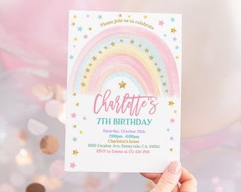 Rainbow Birthday Invitation Colorful Pastel Rainbow Party Invite Rainbow of Fun Gold Stars Sprinkle Girl Editable Printable Download Bir299