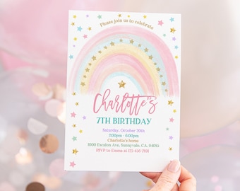 Rainbow Birthday Invitation Colorful Pastel Rainbow Party Invite Rainbow of Fun Gold Stars Sprinkle Girl Editable Printable Download Bir299