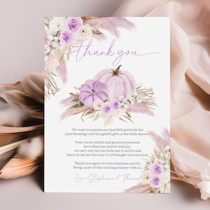 Editierbare Kürbis Babyparty Dankeskarte Ein kleiner Kürbis Dankeschön Hinweis Boho Fall Boho Lila Blumen Herbst Mädchen Printable Bab299