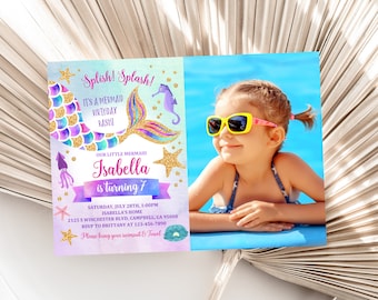 May include: A mermaid-themed birthday party invitation with a photo of a girl in a swimming pool. The invitation features a mermaid tail with purple, pink, and blue scales, a gold glitter background, and the text "Splish! Splash! It's a Mermaid Birthday Bash! Our Little Mermaid Isabella is turning 7".