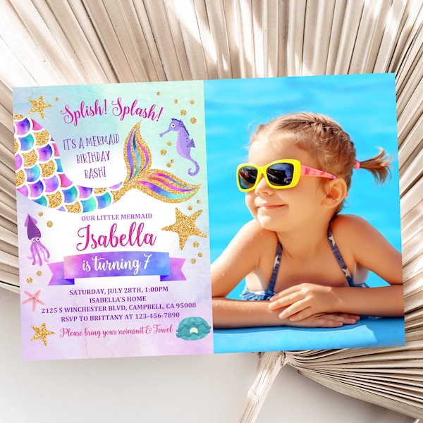 Mermaid Birthday Invitation, Rainbow Glitter Photo (Editable Template Bir9)