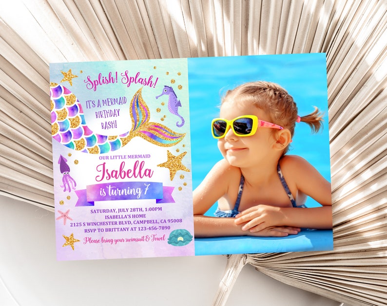 Mermaid Birthday Invitation Sea Birthday Party Mermaid Photo Invite Rainbow Gold Glitter Digital Editable Printable Download