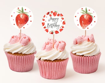 Strawberry Cupcake Toppers - Editable First Birthday Favor Tags Bir278