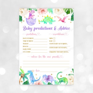 Carte de prédictions et de conseils pour une baby shower dinosaure, jeux de fête pour fille Dino, activités pour baby shower, violet rose doré imprimable à télécharger Bab113
