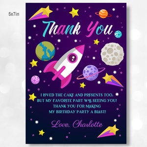 Weltraum Danke-Karte Astronaut Geburtstags-Party Danke Hinweis Mädchen Planeten Gunst Karte Rocket Purple Galaxy Blast Off Bir204