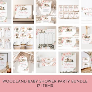 Editable Woodland Baby Shower Bundle Woodland animals Invite Pack Girl Blush pink floral Forest animals Party Set Printable Digital Bab210