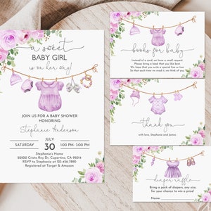 Girl Baby Shower Invitation Set Baby Clothes Invite Package Baby girl is on her way Laundry Purple Floral Boho Editable Printable Bab236