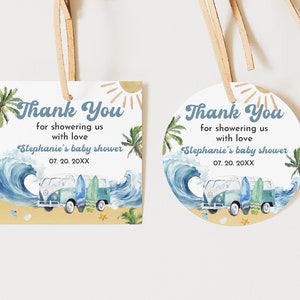 Surf Danke Geschenkanhänger Baby an Bord Babyparty Favor Tag Aufkleber Sommer Strand Pool Party Runde quadratische Tag bearbeitbare druckbare Bab187