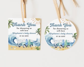 Surf Thank You Gift Tag Baby on Board baby shower Favor Tag Sticker Summer Beach Pool Party Round Square Tag Editable Printable Bab187
