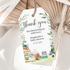 Editable Storybook Baby Shower Favor Tags Storybook Thank you Tags Gender Neutral Greenery Rabbit Labels Chapter Printable Download Bab217