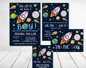 Outer Space Baby Shower Invitations, Planets and Moon (editable