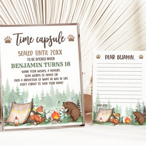 Signe et lettre de capsule de temps un campeur heureux Camping 1er anniversaire signe S'mores ours Woodland Party Decor modifiable imprimable téléchargement Bir335