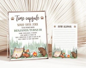 Schild „One Happy Camper Time Capsule“: Bearbeitbare Camping-Deko zum 1. Geburtstag Bir335