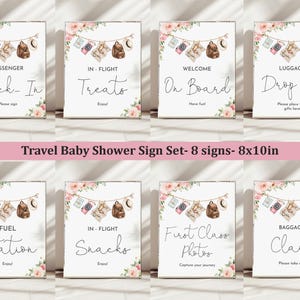 Cartelli per baby shower da viaggio, decorazioni da tavola a tema viaggio, set di cartelli modificabili, stampabili per compleanno, tema lavanderia, avventure per bambine, rosa floreale Bab269