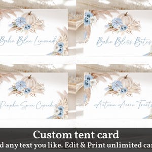 Pompoen babyshower eten tentkaart bewerkbare blauwe boho herfst kleine pompoen buffet label herfst herfst tentkaart plaatskaarten afdrukbare Bab279