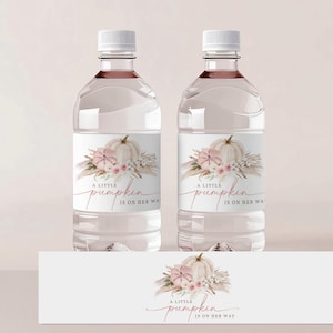 Pompoen babyshower waterfles label een kleine pompoen is onderweg Boho Pampagras Herfstdecoraties Roze bloemenmeisje Afdrukbaar Bab251