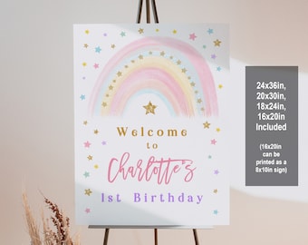 Cartel de bienvenida: Póster de cumpleaños con arcoíris pastel (descarga digital editable) Bir299