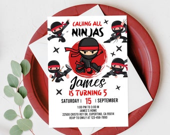 May include: A white invitation with a red and black ninja theme. The invitation says "Calling all ninjas" and "James is turning 5". The invitation includes the date, time, and location of the party.