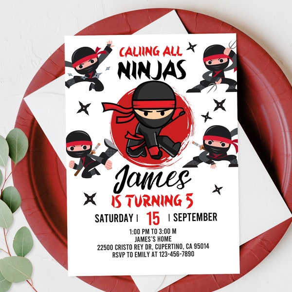 Ninja verjaardagsuitnodiging Martial Arts uitnodigen Ninja Party afdrukbare Warrior verjaardagsuitnodiging digitale bewerkbare sjabloon Download Bir333