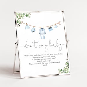 Boy Baby Clothes Baby shower Game Don&#39;t say baby game sign Laundry baby shower Blue Clothespin Game Editable Printable Download Bab214