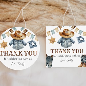 Kleiner Cowboy-Babyparty-Geschenkanhänger Western-Babyparty-Geschenkanhänger Wilder Westen Danke Aufkleber rundes quadratisches Tag bearbeitbares druckbares Bab241