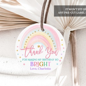 Rainbow Birthday label Pastel Rainbow Favor Round Sticker Label girl 1st Birthday Thank You Tag Digital Editable Printable Download Bir299