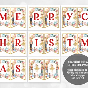 May include: A printable banner with the word "MERRY CHRISTMAS" in red letters on a white background. The banner is decorated with images of nutcrackers, ballerinas, teacups, and other Christmas-themed items.