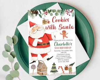 May include: A Christmas-themed invitation for a child's 8th birthday party. The invitation features a cartoon Santa Claus, a gingerbread man, and a gingerbread house. The text reads "Cookies with Santa, Charlotte's 8th Birthday, Saturday, November 16th, 1:00 PM, Charlotte's Home, 2125 S Gingerbread, Candycane, CA 95008, RSVP to Jessica at 123-456-7890".