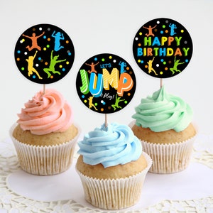 Adornos para cupcakes con forma de salto, trampolín para saltar, adornos para cumpleaños, etiquetas para saltar, etiquetas para castillos inflables, ¡Saltemos y juguemos! Editable, imprimible, descargable Bir65