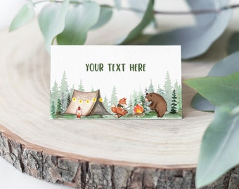 Camping birthday food tent card One Happy Camper Food labels Camper Place Card 1st Camping Bear S'more Editable Printable Download Bir335