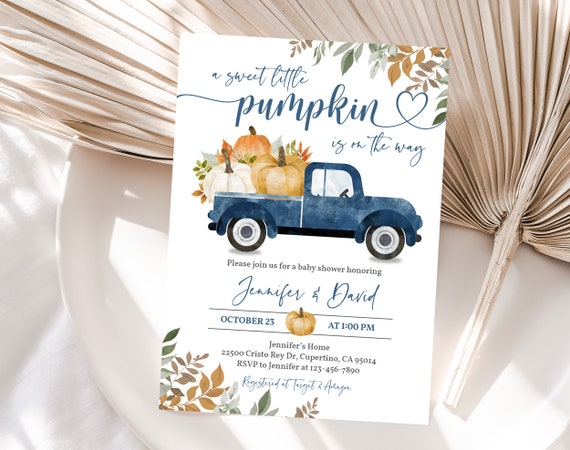 Boho Pumpkin Baby Shower Invite, Blue Truck Rustic Style (Editable Bab169)