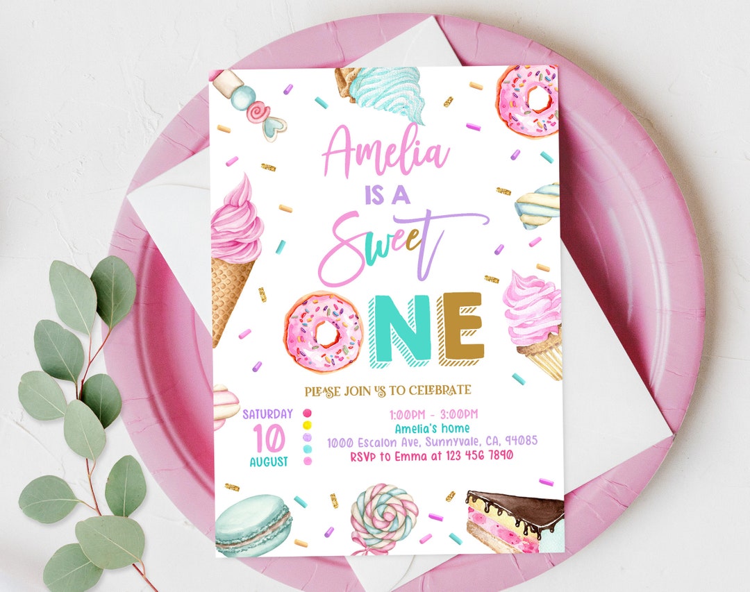 Sweet One Birthday Invitation Pastel Sweets Invite Donut Candy Ice